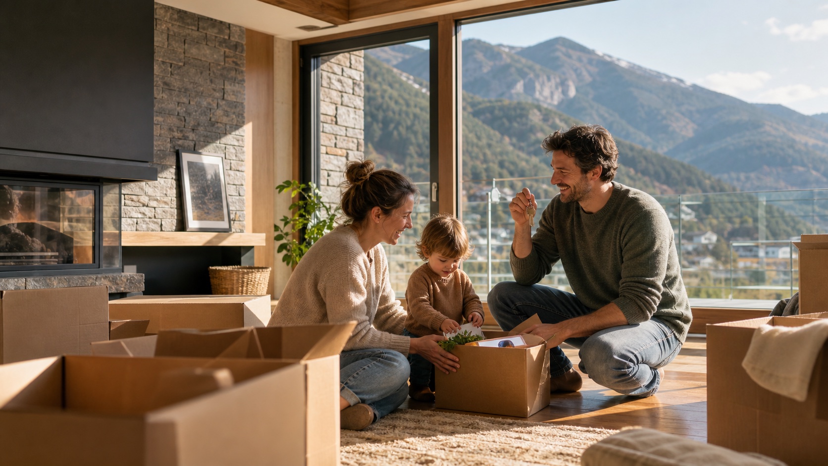 The same family unpacking together in their new Andorran home